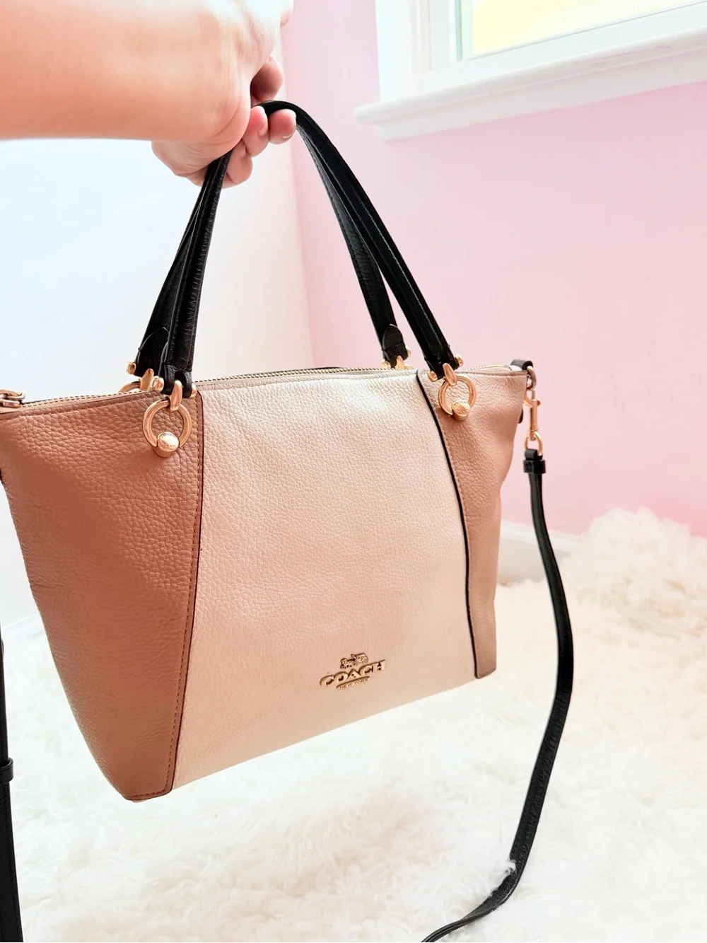 Women's Colorblock Leather Tote Bag - Cream, Tan & Black